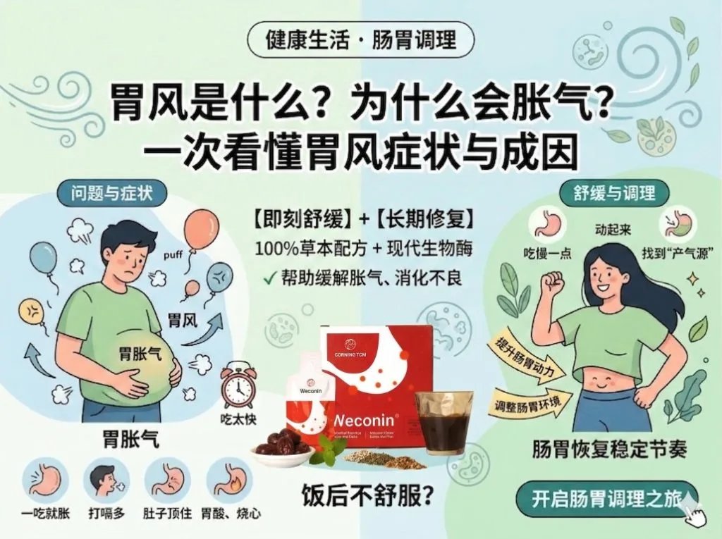 长期胃部不适、打嗝及胃风引起疼痛的示意图